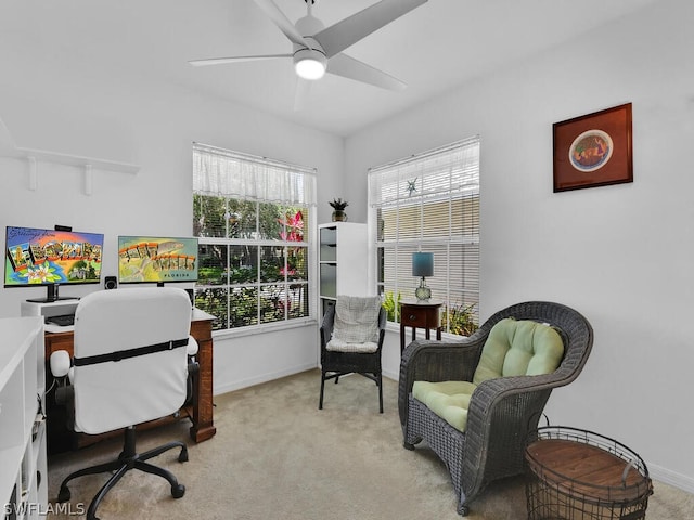 office with ceiling fan and carpet