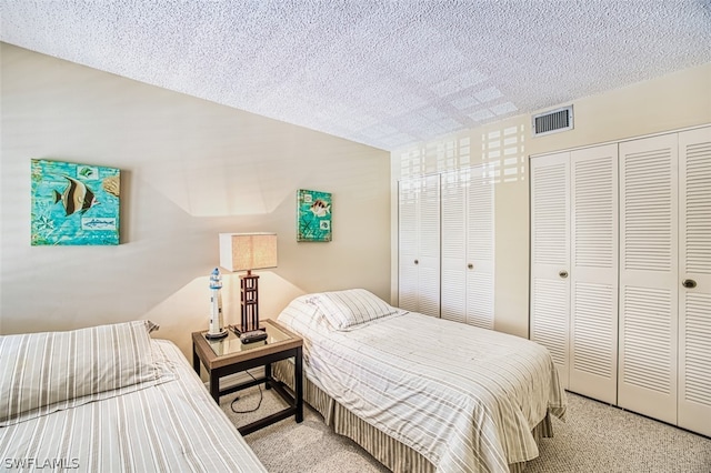 carpeted bedroom with a textured ceiling and two closets