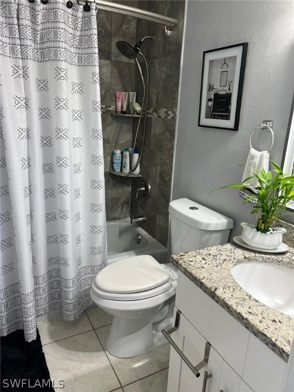 full bathroom with toilet, tile flooring, vanity, and shower / tub combo with curtain