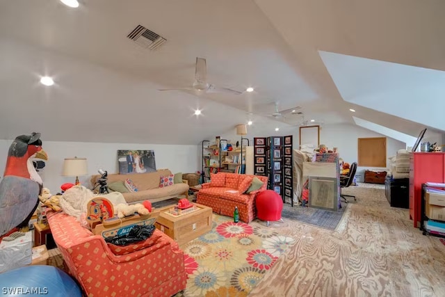 interior space with visible vents, vaulted ceiling, a ceiling fan, and recessed lighting