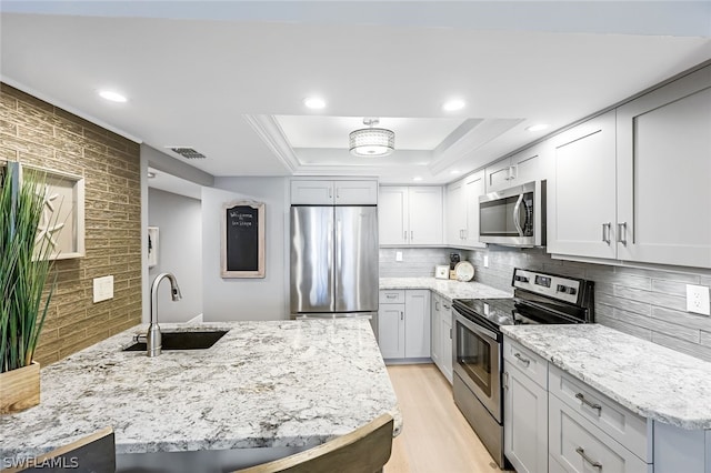 kitchen featuring stainless steel appliances, tasteful backsplash, a tray ceiling, sink, and light wood-type flooring