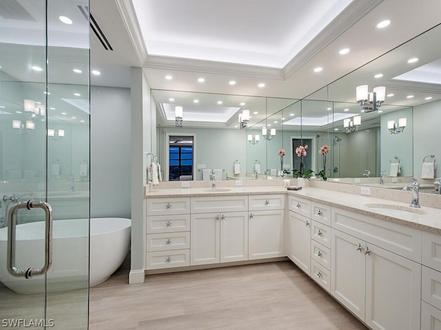 bathroom featuring hardwood / wood-style flooring, a bathtub, a raised ceiling, and vanity