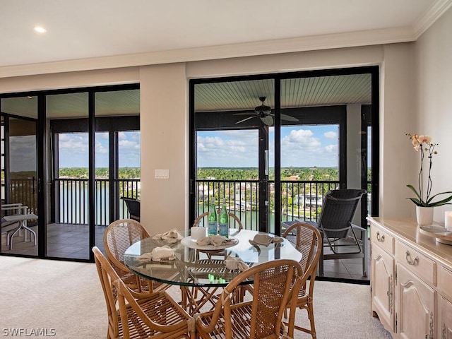 carpeted dining area featuring a wealth of natural light, crown molding, and ceiling fan