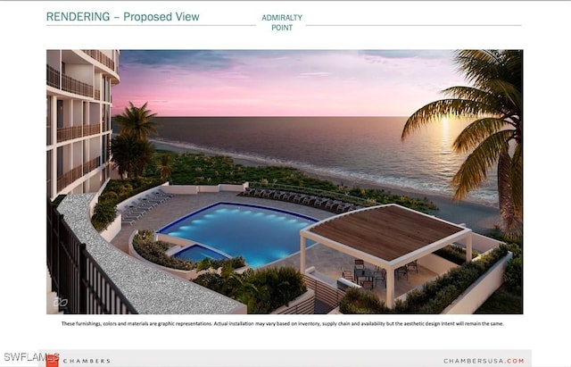 pool at dusk with a view of the beach, a patio, and a water view