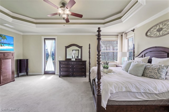 bedroom featuring carpet flooring, ceiling fan, ornamental molding, and multiple windows