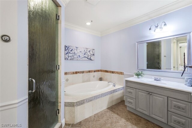 bathroom with tile patterned flooring, vanity, separate shower and tub, and ornamental molding