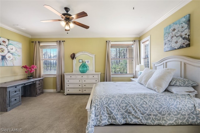 bedroom featuring multiple windows, ceiling fan, and ornamental molding