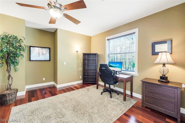 home office with dark hardwood / wood-style floors and ceiling fan