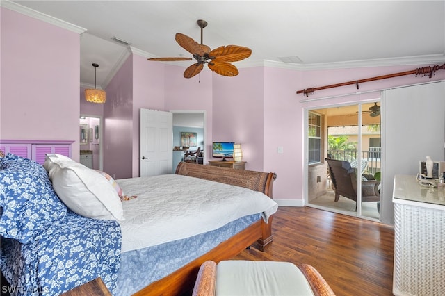 bedroom with access to outside, ceiling fan, crown molding, and wood-type flooring