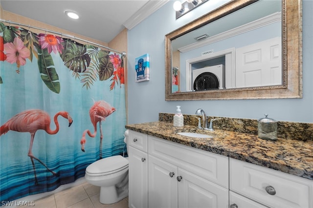 bathroom featuring vanity, crown molding, tile patterned flooring, toilet, and stacked washing maching and dryer