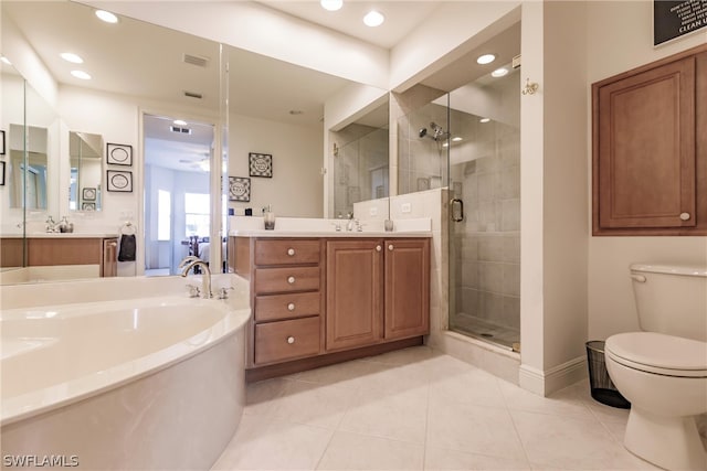 full bath featuring visible vents, a garden tub, tile patterned flooring, vanity, and a shower stall