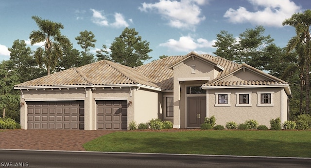 view of front facade featuring a tiled roof, a front lawn, decorative driveway, and stucco siding