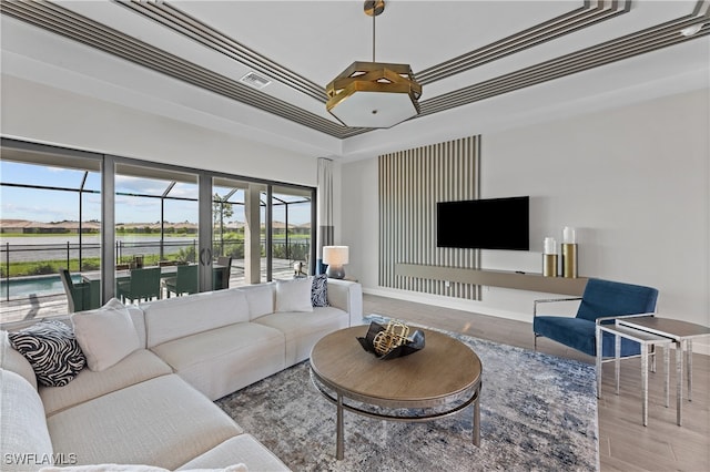 living room featuring wood-type flooring and a tray ceiling