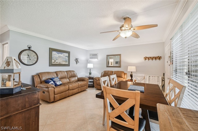 dining room with a textured ceiling, a wall mounted AC, ceiling fan, crown molding, and light tile patterned flooring