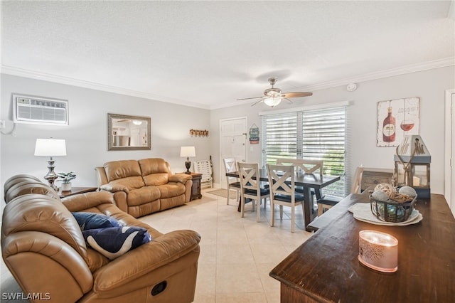 tiled living room featuring a textured ceiling, crown molding, ceiling fan, and a wall mounted air conditioner