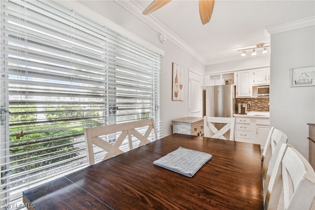 dining space featuring ceiling fan, a healthy amount of sunlight, ornamental molding, and track lighting