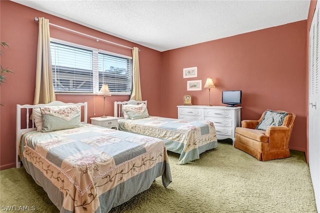 bedroom with carpet flooring and a textured ceiling