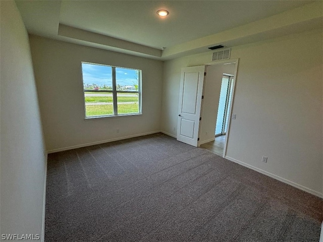 carpeted empty room featuring a raised ceiling