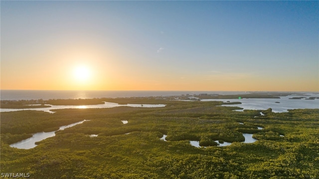 aerial view at dusk with a water view