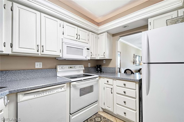 kitchen with crown molding, white cabinets, white appliances, and light tile flooring