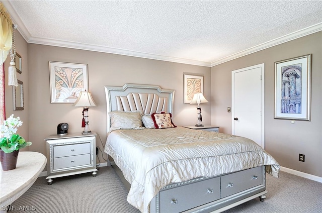 carpeted bedroom with a textured ceiling and ornamental molding