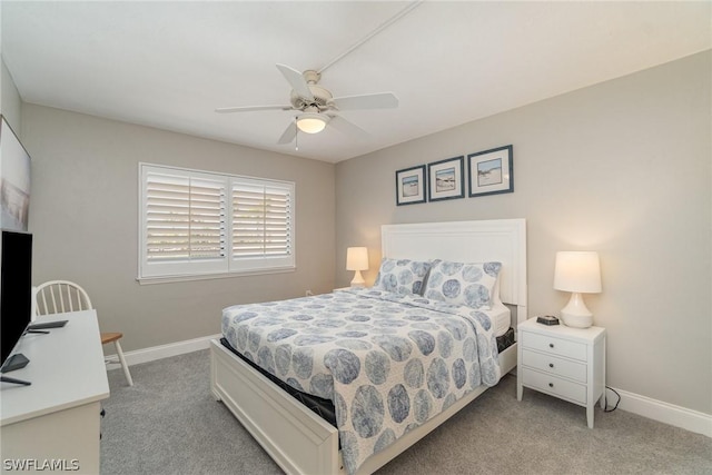 bedroom featuring ceiling fan and light carpet