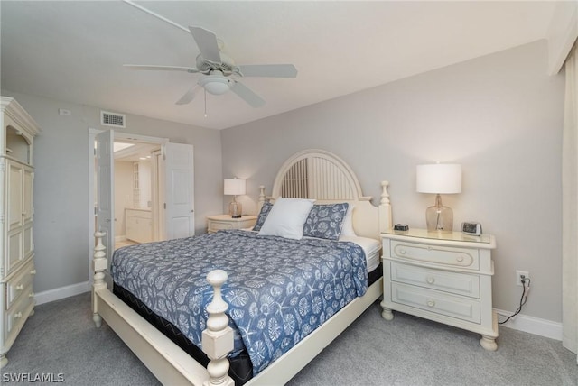 bedroom featuring carpet flooring, ceiling fan, and ensuite bathroom