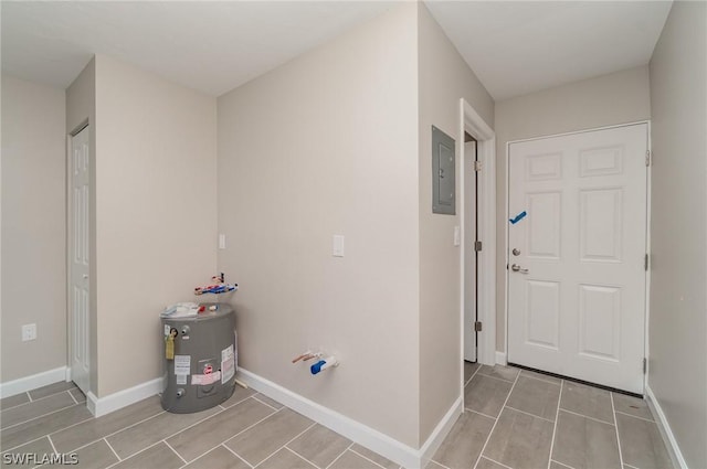 laundry room with electric panel and water heater