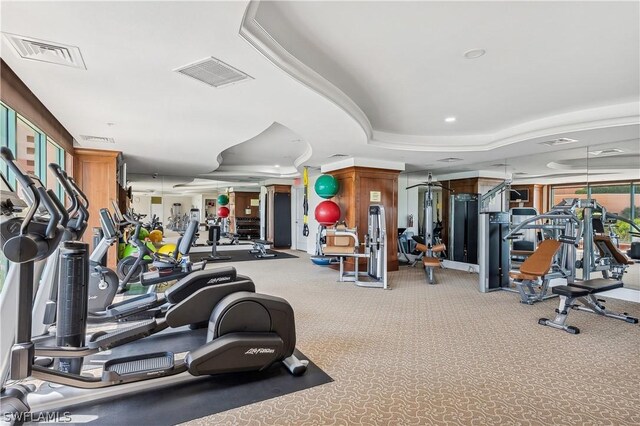 exercise room featuring a raised ceiling and carpet flooring