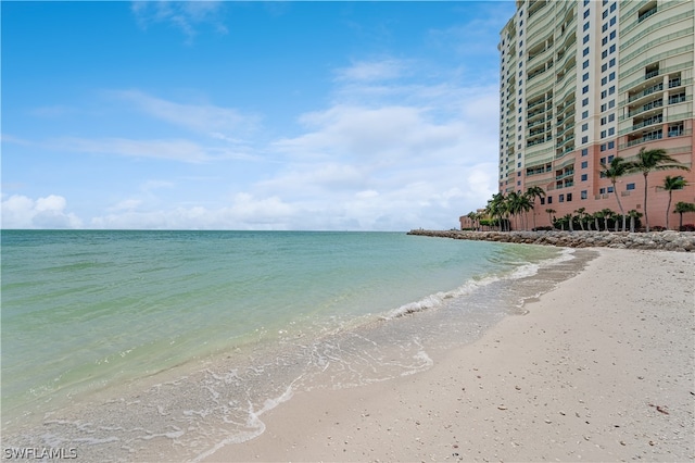 view of water feature with a beach view