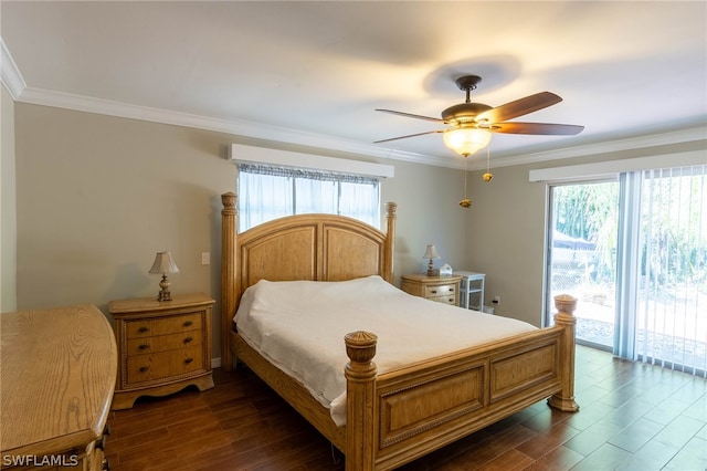 bedroom with crown molding, access to exterior, dark hardwood / wood-style floors, and ceiling fan