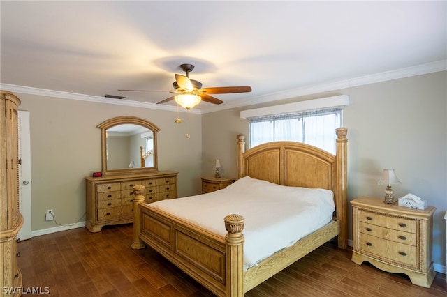 bedroom with ornamental molding, dark hardwood / wood-style floors, and ceiling fan