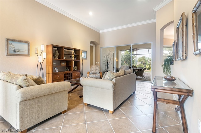 tiled living room featuring ornamental molding