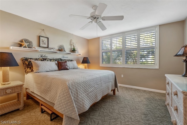 bedroom with ceiling fan and carpet floors