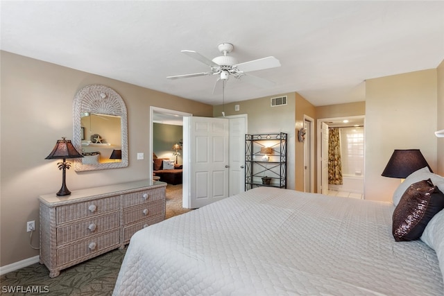 carpeted bedroom featuring connected bathroom and ceiling fan