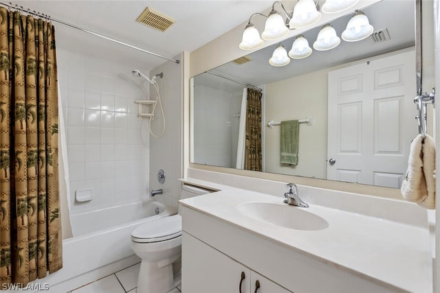 full bathroom featuring tile flooring, toilet, shower / bath combination with curtain, and large vanity