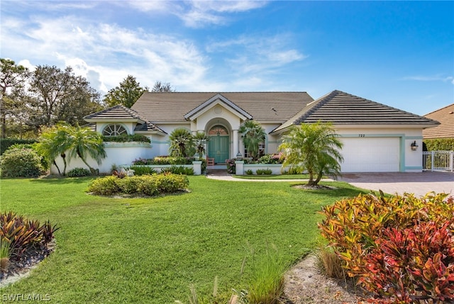 ranch-style home featuring a garage and a front lawn