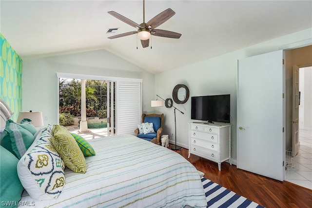 tiled bedroom featuring lofted ceiling, ceiling fan, and access to outside