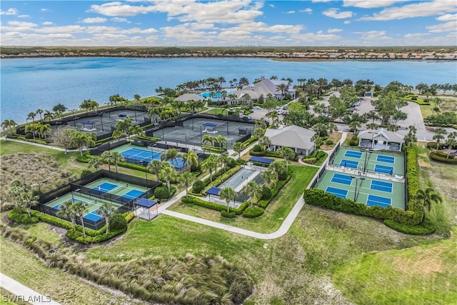 birds eye view of property featuring a water view