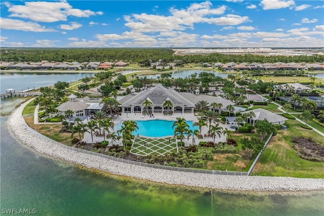 bird's eye view with a water view