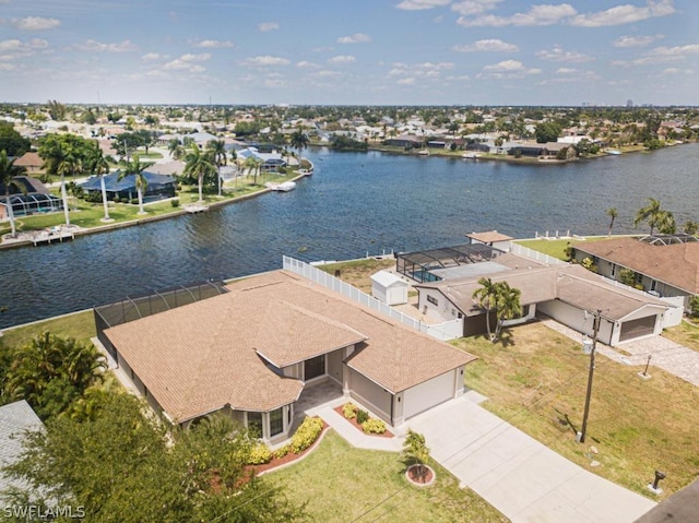 bird's eye view with a water view