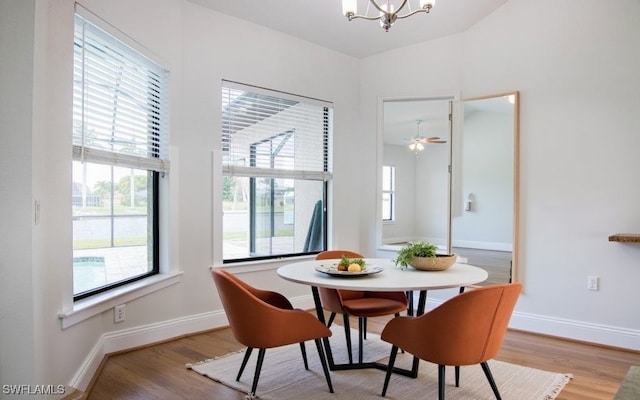 dining room featuring hardwood / wood-style floors and ceiling fan with notable chandelier