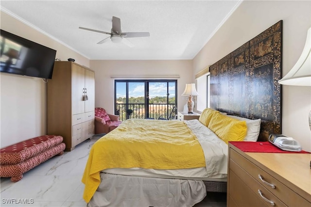 bedroom featuring access to exterior, ornamental molding, and ceiling fan