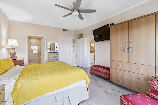 bedroom featuring crown molding, ensuite bath, and ceiling fan