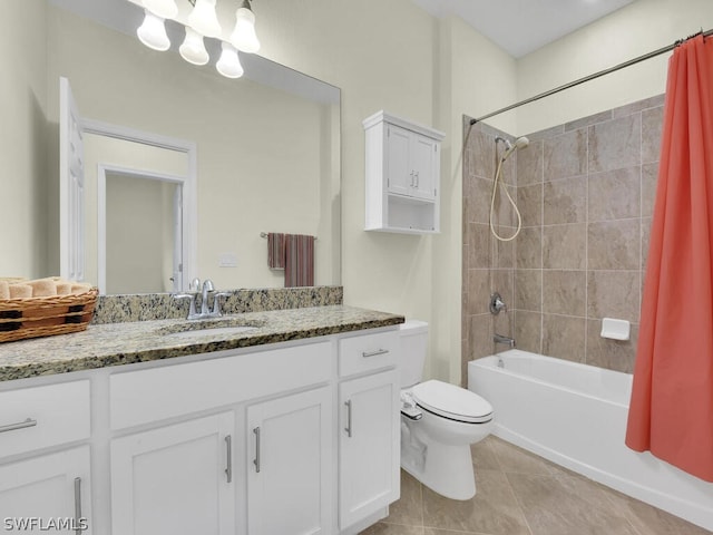 full bathroom with shower / bath combination with curtain, vanity, a notable chandelier, toilet, and tile patterned floors