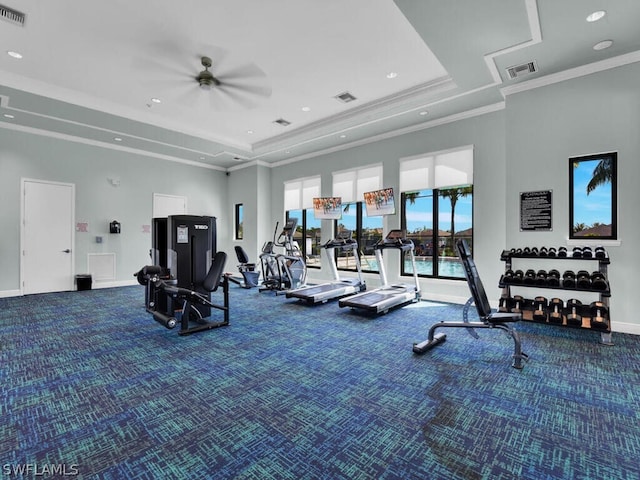 gym with crown molding, a raised ceiling, and carpet