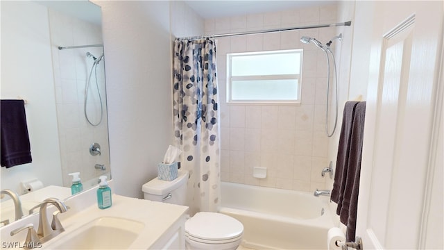 full bathroom featuring vanity, toilet, and shower / tub combo with curtain