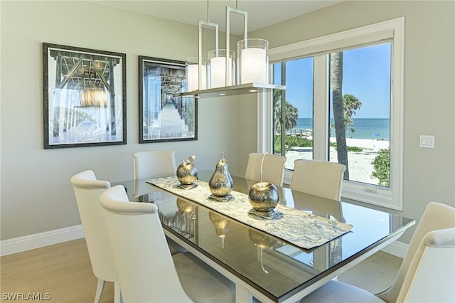 dining space featuring a water view and wood-type flooring