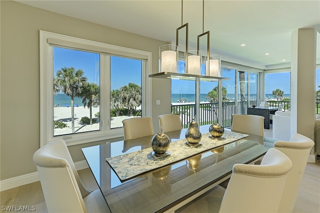 dining space featuring wood-type flooring and a water view