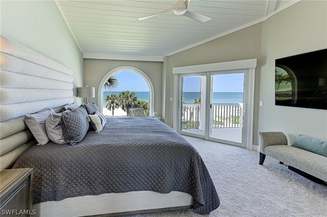 carpeted bedroom featuring a water view, ceiling fan, access to outside, wooden ceiling, and ornamental molding